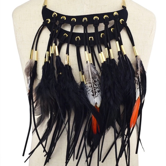 Boho Leather Full Feather Statement Necklace - Picture 1 of 3